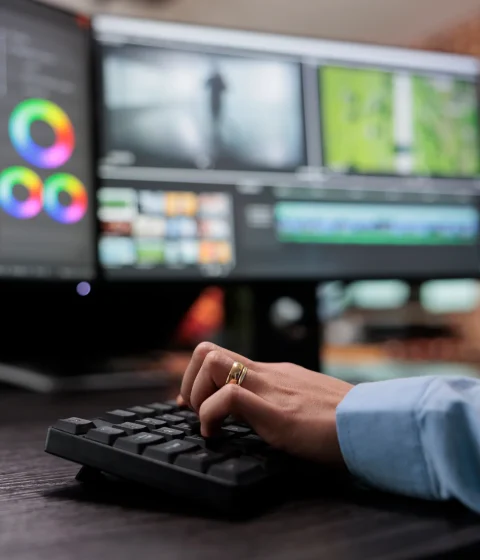 A man in front of computer working on a project